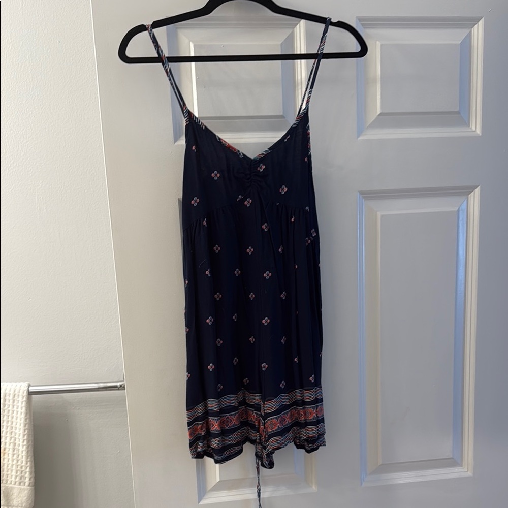 Navy Blue Patterned Spaghetti Strap romper